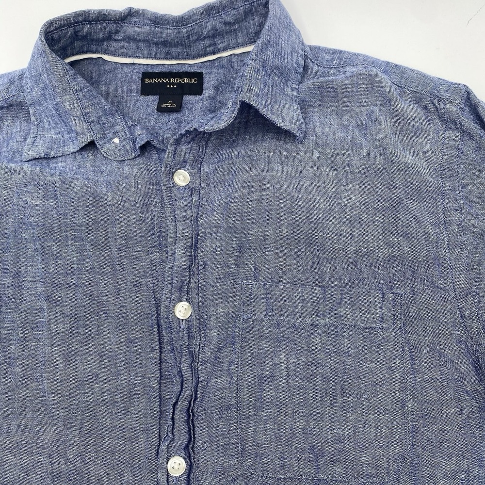 Banana Republic Linen Button Up Shirt Mens Large L/S Blue Cargo VGC